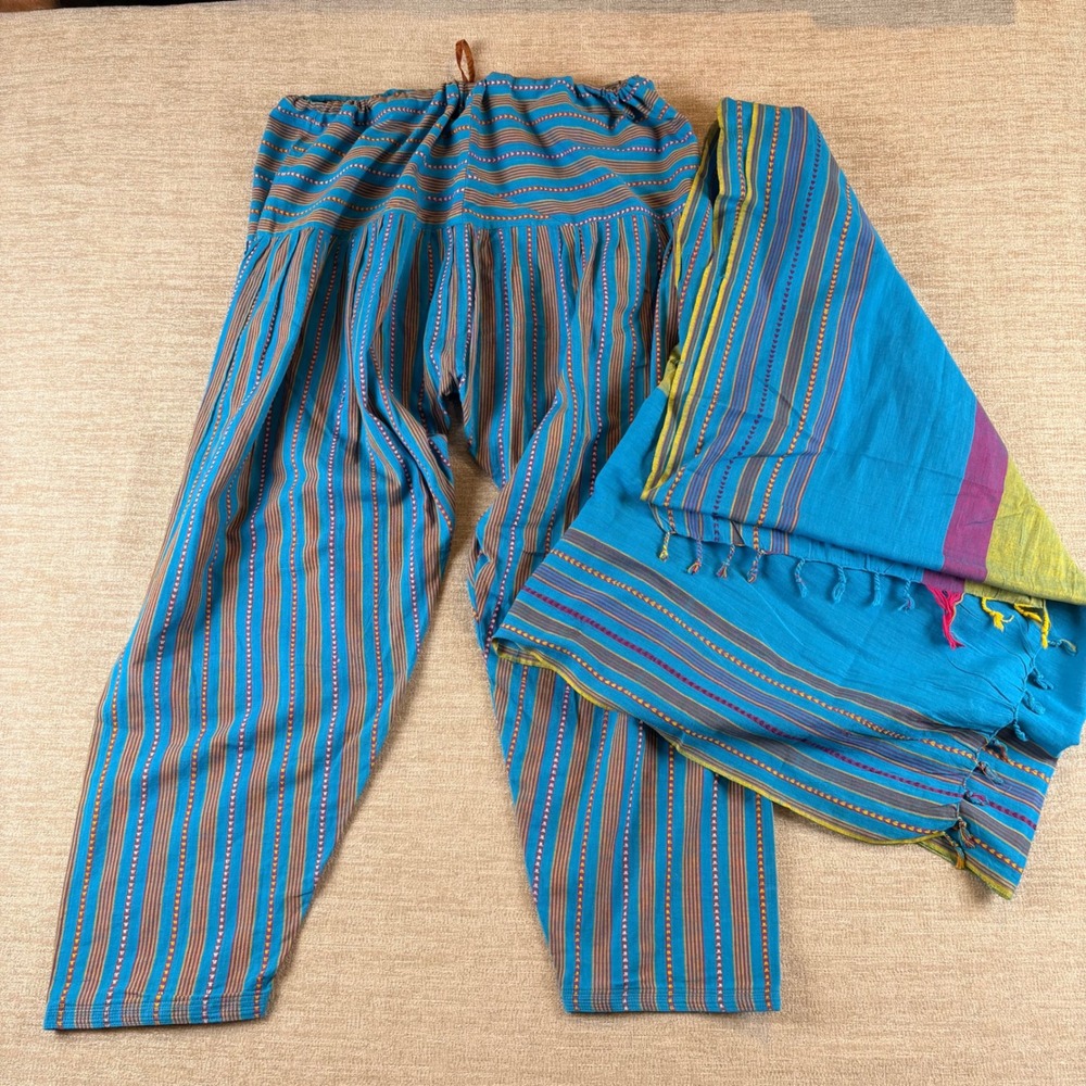 Handmade Artisan Harem Pants Shawl Set Unisex XL Blue Striped Boho Festival Slub